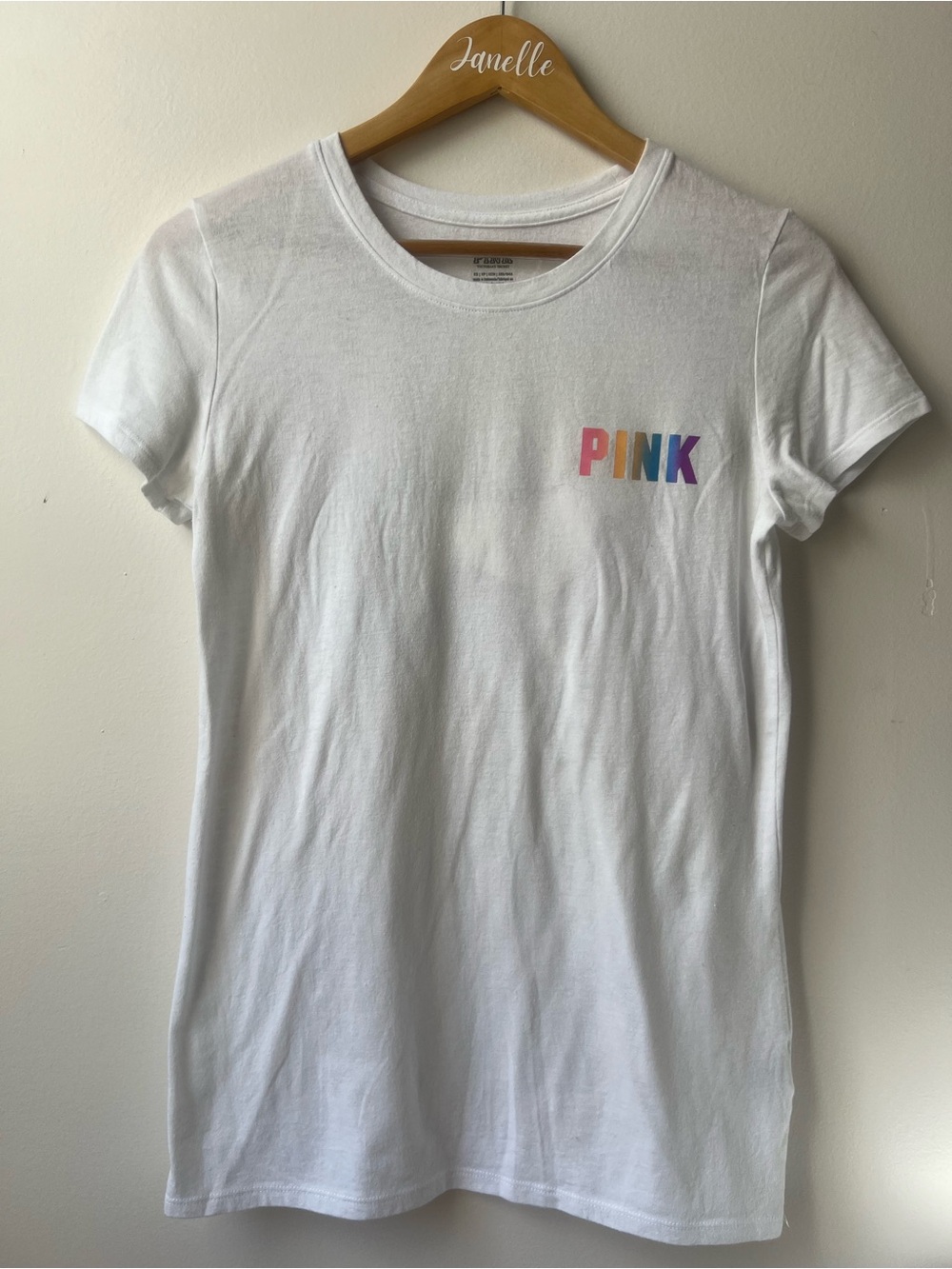 PINK Victoria's Secret White Tee w/ Rainbow PINK Logos (MEASUREMENTS BELOW👇🏼) 🌈